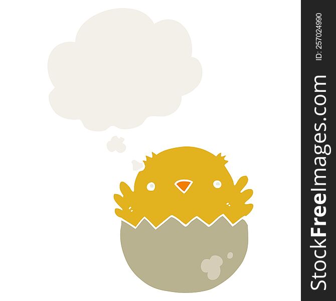 cartoon chick hatching from egg with thought bubble in retro style
