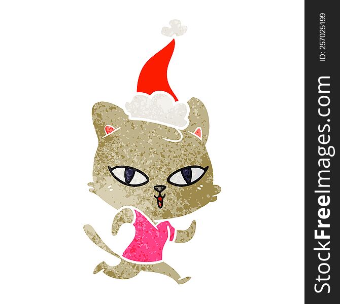 retro cartoon of a cat out for a run wearing santa hat