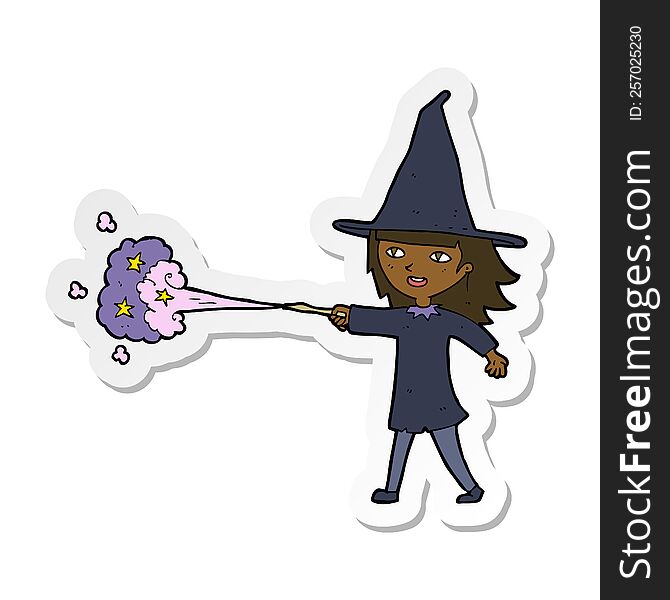 sticker of a cartoon witch girl casting spell