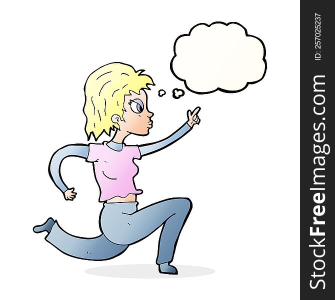 cartoon woman running and pointing with thought bubble