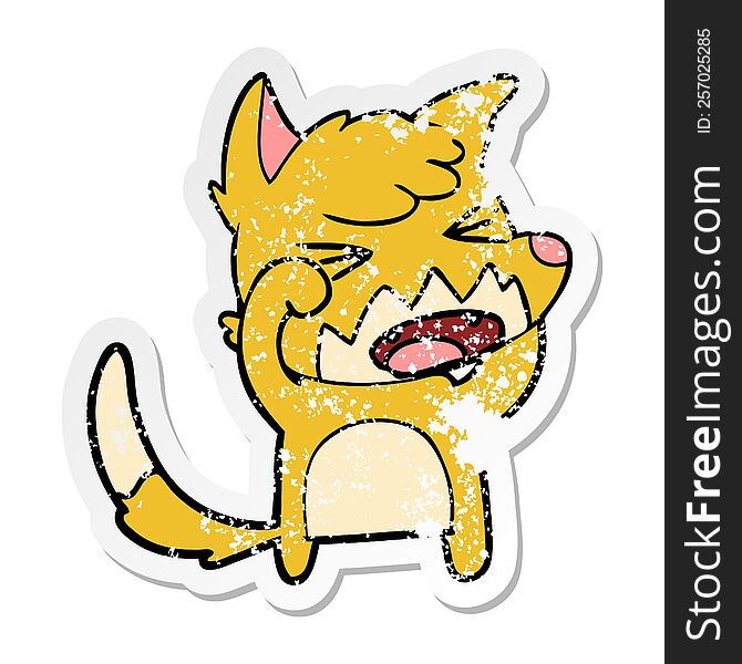 distressed sticker of a angry cartoon fox rubbing eyes