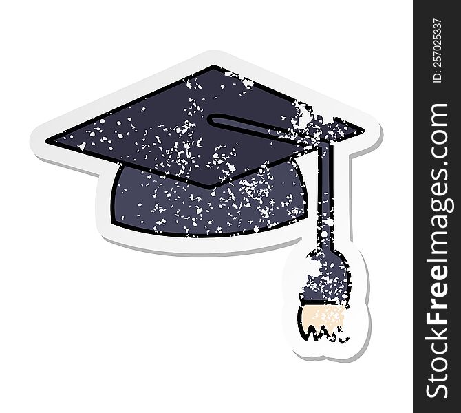 distressed sticker of a cute cartoon graduation cap