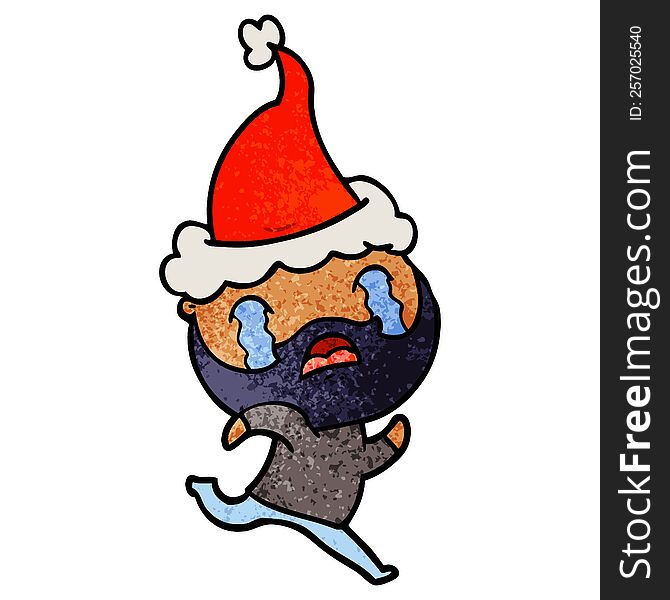 hand drawn textured cartoon of a bearded man crying wearing santa hat