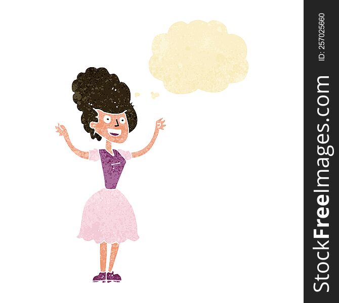 cartoon happy 1950 s woman with thought bubble