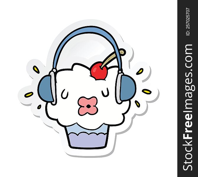 sticker of a cartoon cupcake listening to music