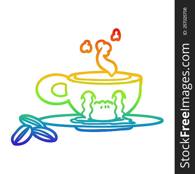 rainbow gradient line drawing of a cartoon crying espresso mug
