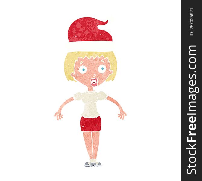 cartoon woman wearing christmas hat shrugging shoulders
