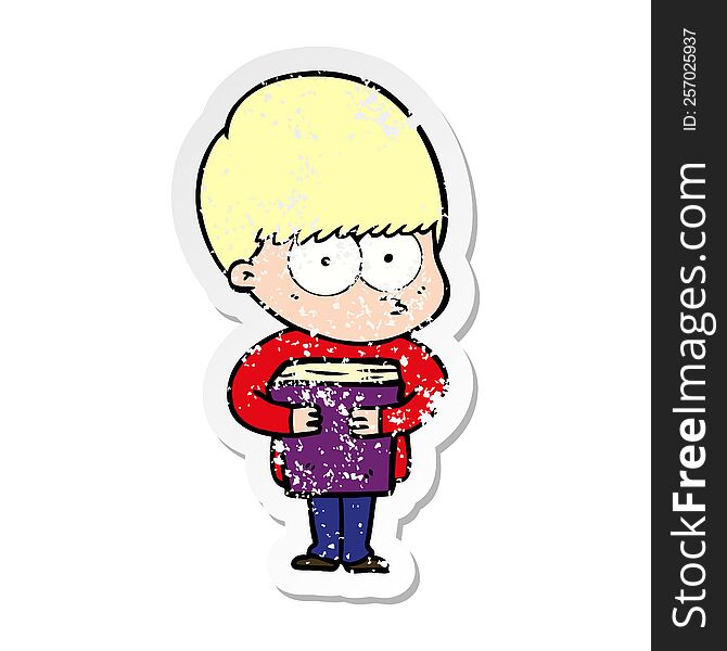 distressed sticker of a nervous cartoon boy holding book