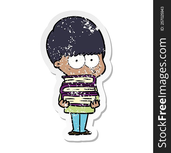 distressed sticker of a nervous cartoon boy carrying books