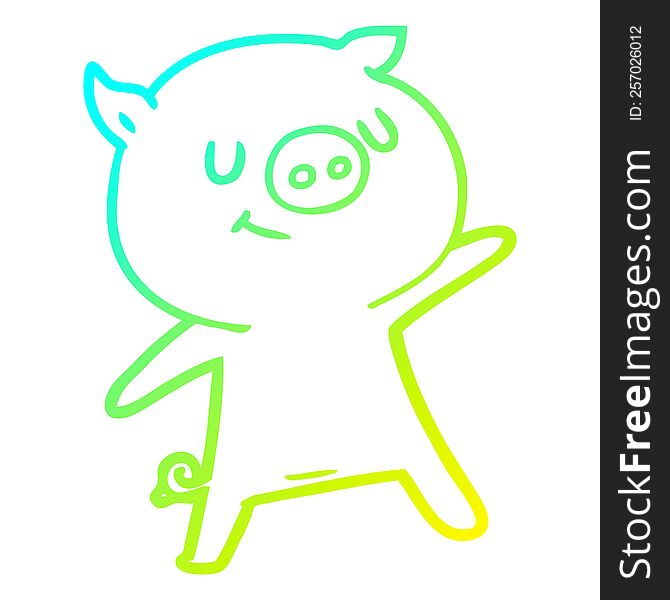 Cold Gradient Line Drawing Happy Cartoon Pig Waving