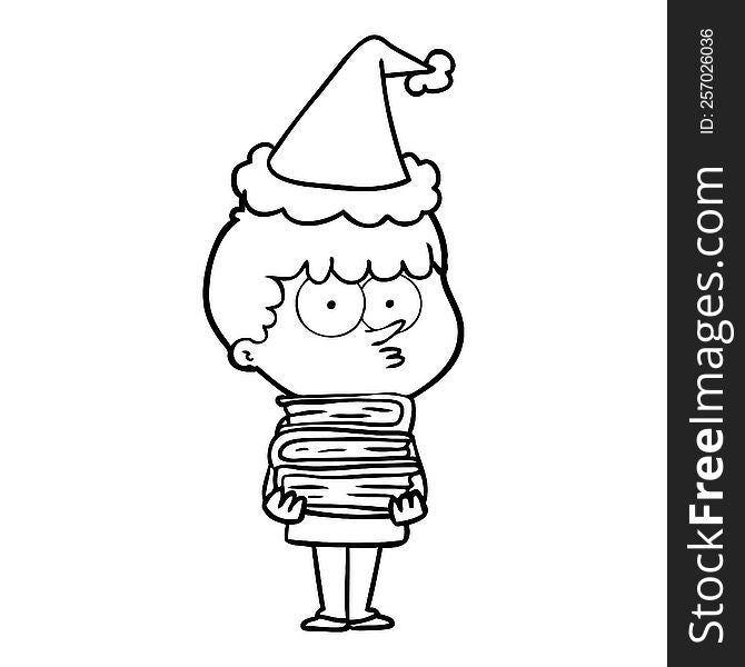 line drawing of a curious boy with lots of books wearing santa hat