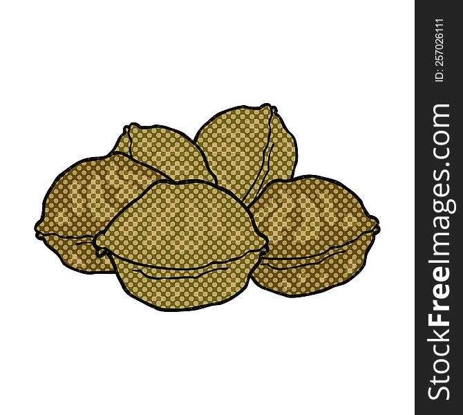 freehand drawn comic book style cartoon walnuts in shell