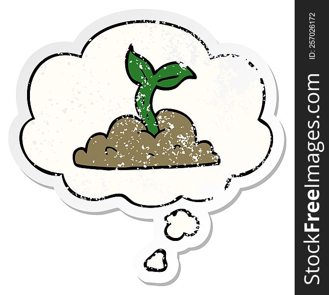 cartoon growing seedling with thought bubble as a distressed worn sticker
