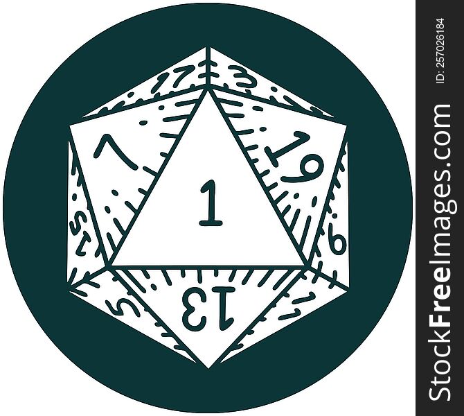 icon of natural 1 D20 dice roll. icon of natural 1 D20 dice roll