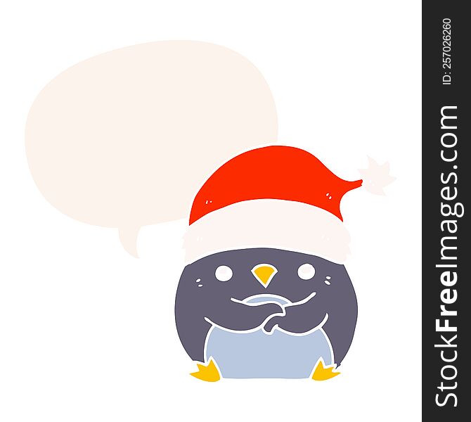 cute cartoon penguin wearing christmas hat with speech bubble in retro style