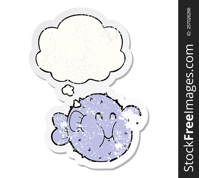 cartoon puffer fish with thought bubble as a distressed worn sticker