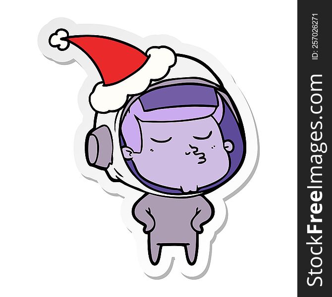 hand drawn sticker cartoon of a confident astronaut wearing santa hat