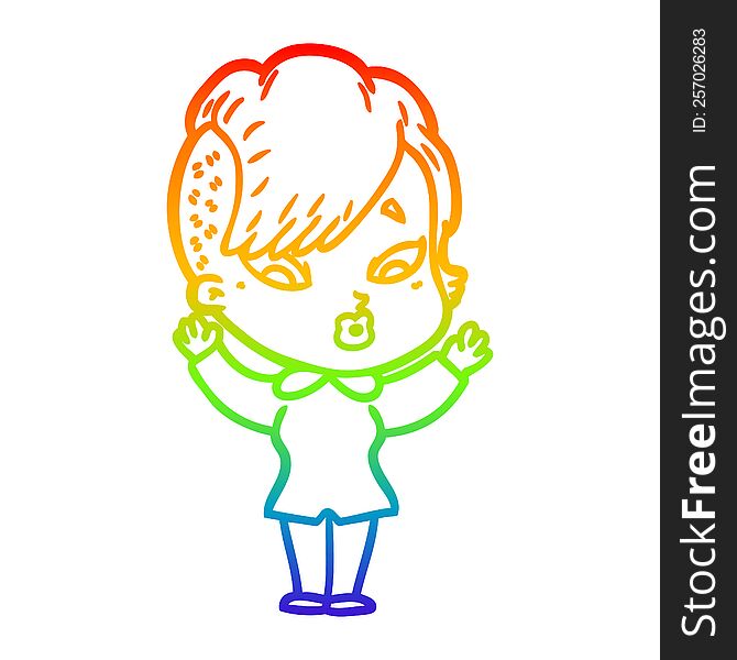 rainbow gradient line drawing of a cartoon surprised girl