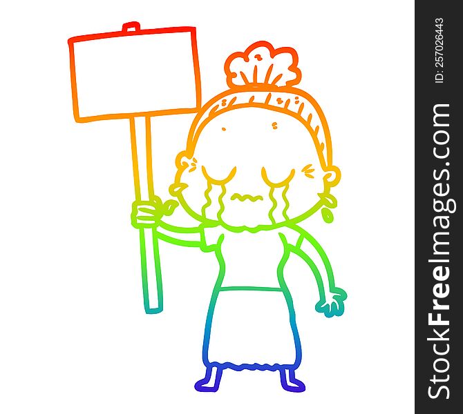 rainbow gradient line drawing of a cartoon old woman crying while protesting
