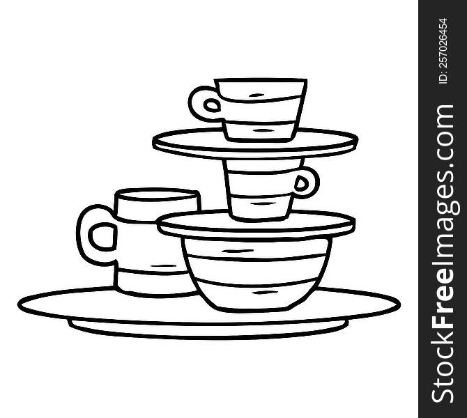 line drawing doodle of colourful bowls and plates