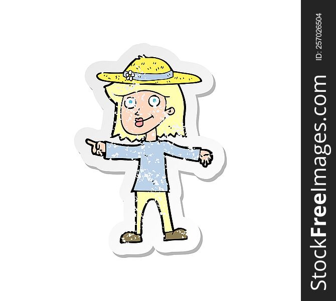 Retro Distressed Sticker Of A Cartoon Woman Wearing Hat