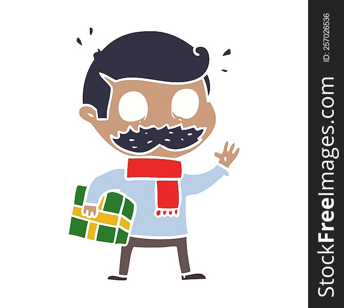 Flat Color Style Cartoon Man With Mustache And Christmas Present