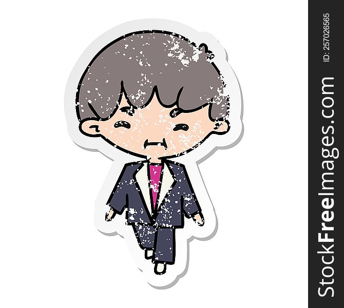 distressed sticker cartoon illustration kawaii cute man in suit. distressed sticker cartoon illustration kawaii cute man in suit