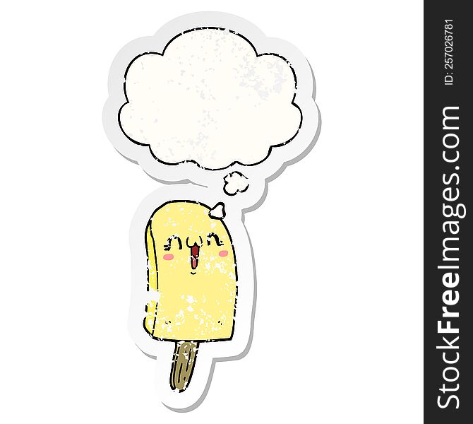 cartoon frozen ice lolly and thought bubble as a distressed worn sticker