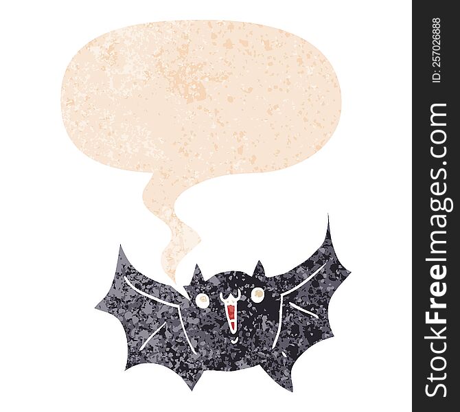 Cartoon Happy Vampire Bat And Speech Bubble In Retro Textured Style