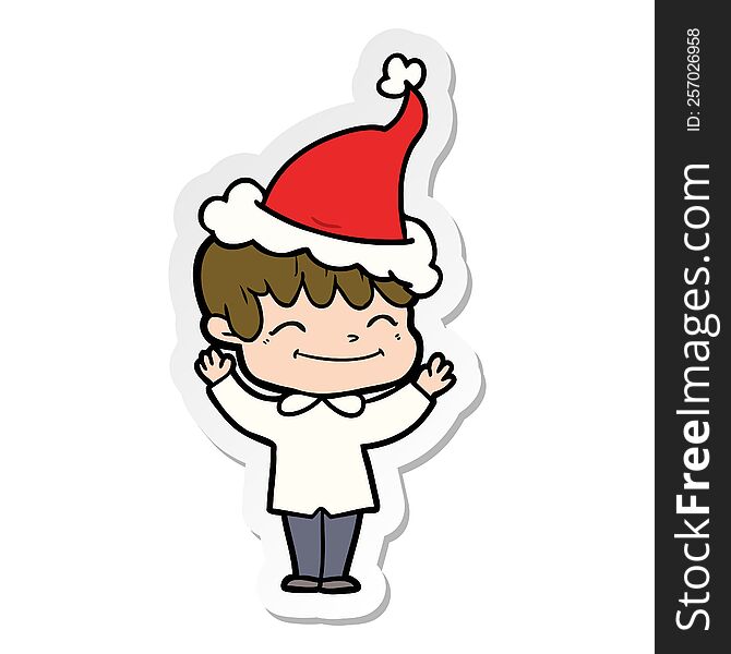 hand drawn sticker cartoon of a happy boy wearing santa hat