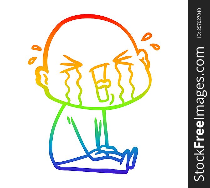 Rainbow Gradient Line Drawing Cartoon Crying Bald Man