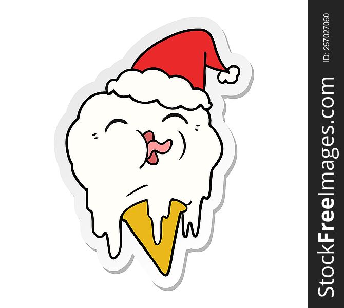 hand drawn sticker cartoon of a melting ice cream wearing santa hat