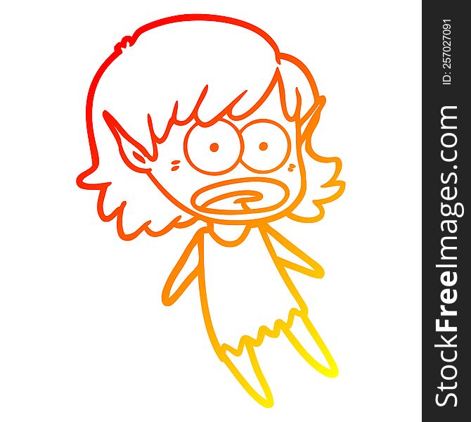 warm gradient line drawing of a cartoon shocked elf girl flying