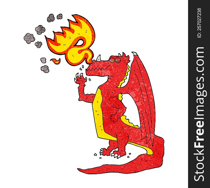 freehand textured cartoon happy dragon breathing fire