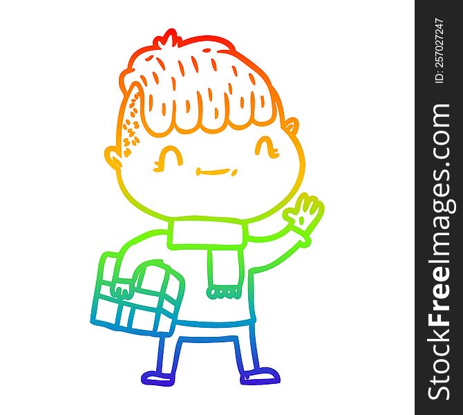 Rainbow Gradient Line Drawing Cartoon Friendly Boy With Christmas Present