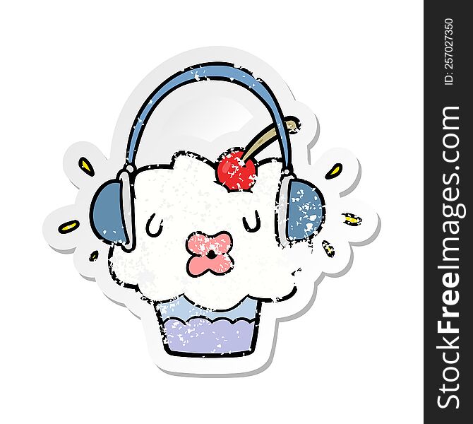 distressed sticker of a cartoon cupcake listening to music
