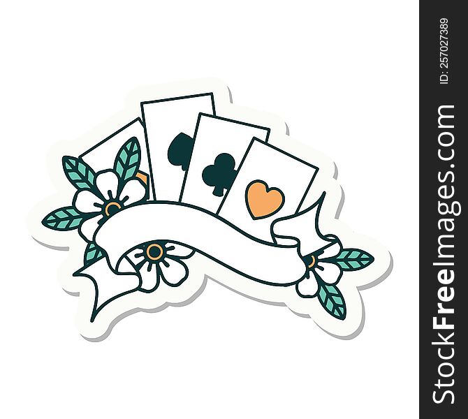 tattoo style sticker of cards and banner