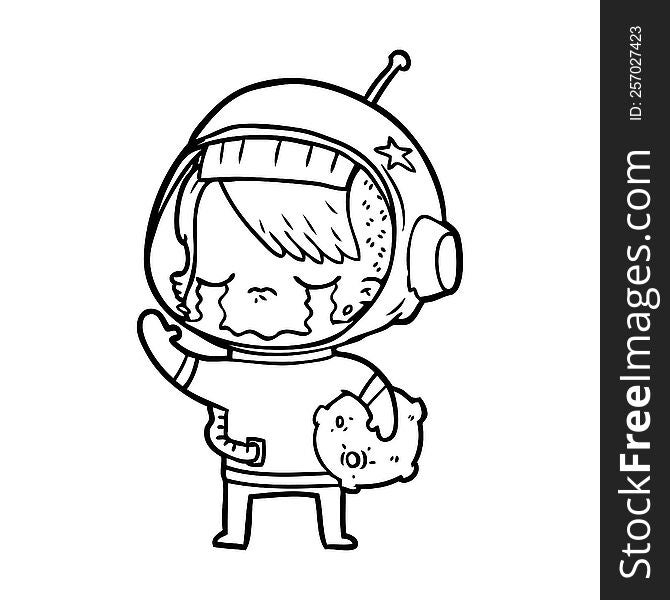 cartoon crying astronaut girl carrying rock sample. cartoon crying astronaut girl carrying rock sample