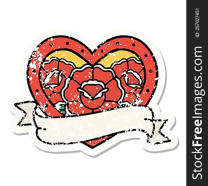 distressed sticker tattoo in traditional style of a heart and banner with flowers. distressed sticker tattoo in traditional style of a heart and banner with flowers