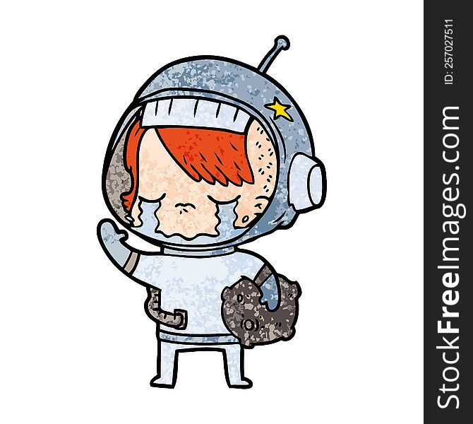cartoon crying astronaut girl carrying rock sample. cartoon crying astronaut girl carrying rock sample