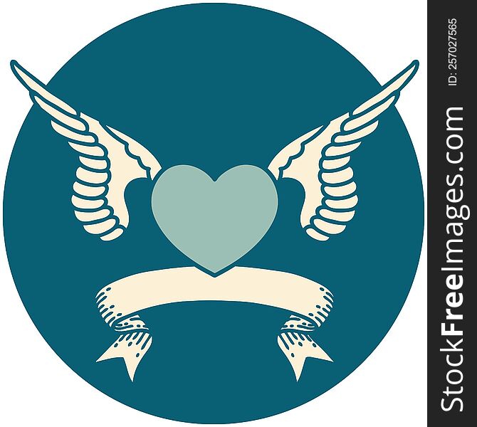 tattoo style icon with banner of a heart with wings