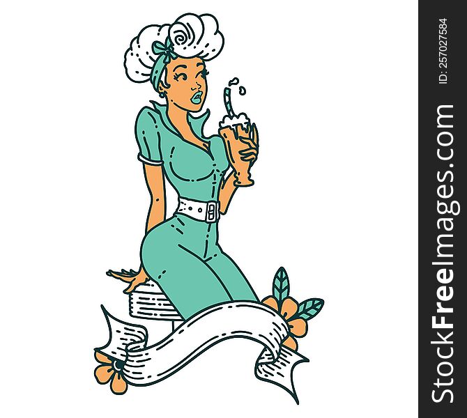 Tattoo Style Icon Of A Pinup Girl Drinking A Milkshake With Banner