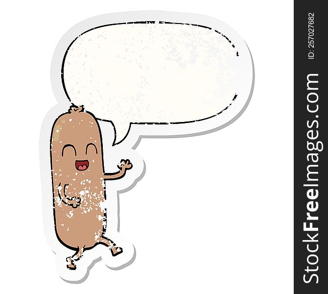 Cartoon Dancing Sausage And Speech Bubble Distressed Sticker