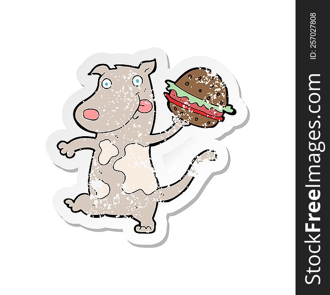 retro distressed sticker of a cartoon hungry dog with burger