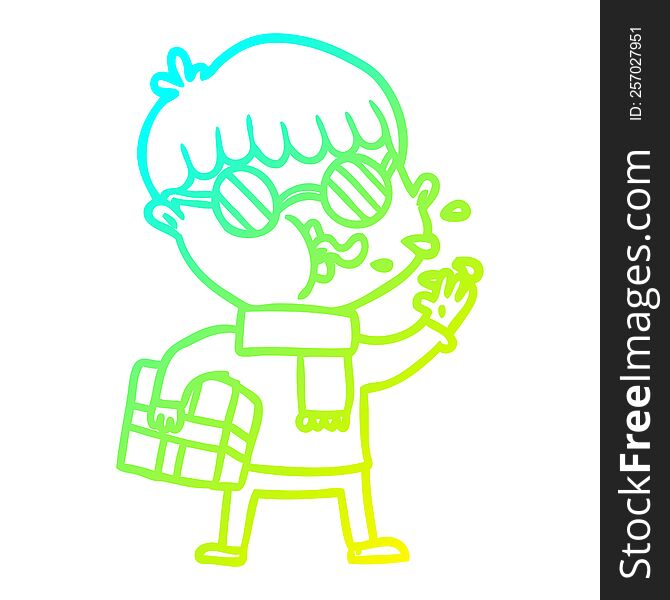 cold gradient line drawing cartoon boy wearing spectacles with christmas gift