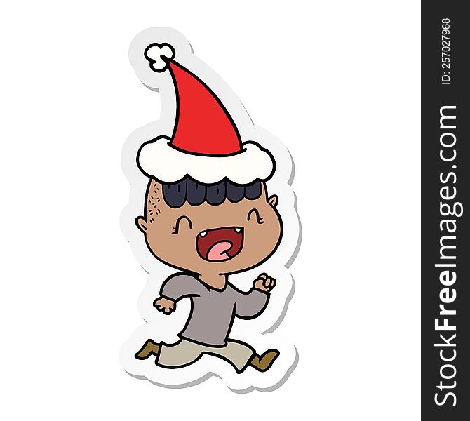 hand drawn sticker cartoon of a happy boy laughing and running away wearing santa hat