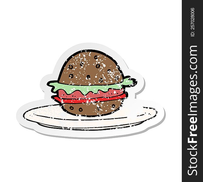 retro distressed sticker of a cartoon burger on plate