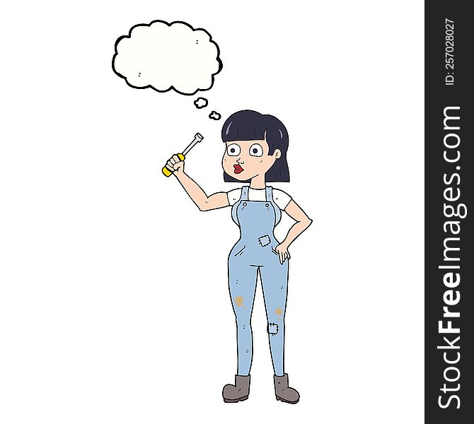 freehand drawn thought bubble cartoon female mechanic