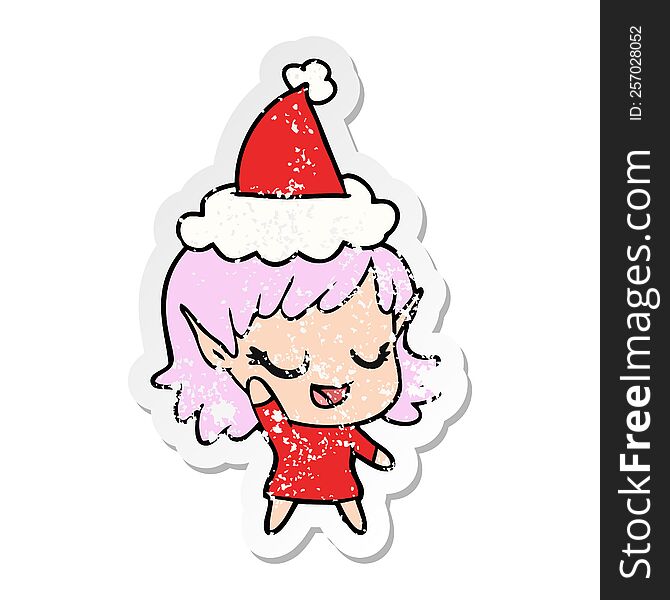 Happy Distressed Sticker Cartoon Of A Elf Girl Wearing Santa Hat