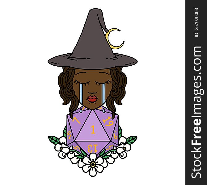 Crying Human Witch With Natural One D20 Dice Roll Illustration